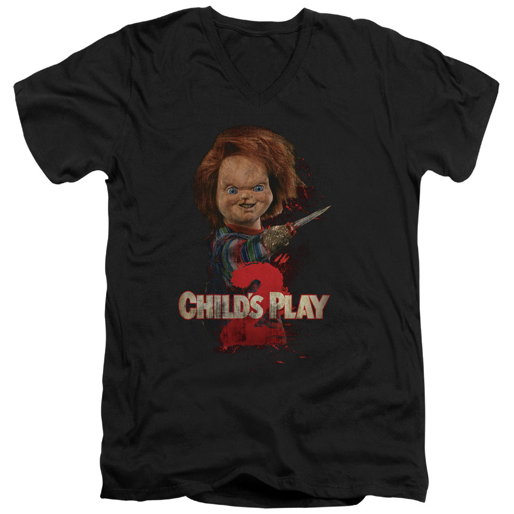 CHILDS PLAY 2/HERES CHUCKY - S/S ADULT V-NECK 30/1 - BLACK