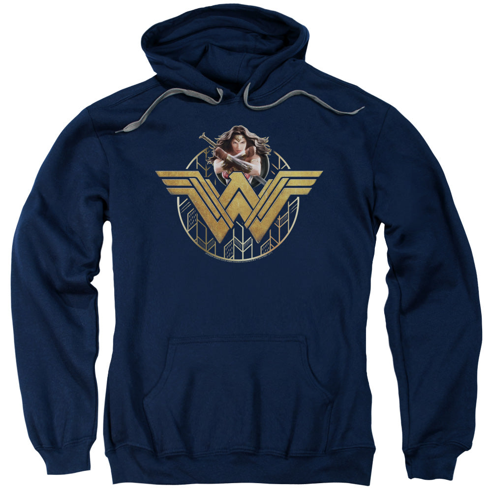 WONDER WOMAN MOVIE/POWER STANCE AND EMBLEM - ADULT PULLOVER HOODIE - NAVY