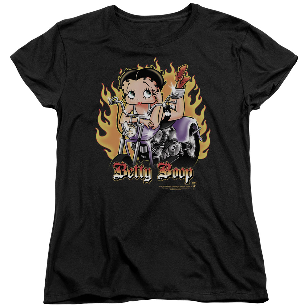 BETTY BOOP/BIKER FLAMES BOOP - S/S WOMENS TEE - BLACK