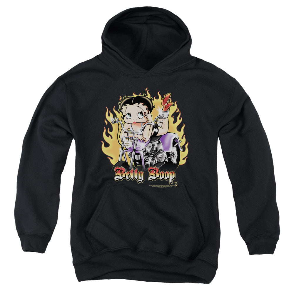 BETTY BOOP/BIKER FLAMES BOOP - YOUTH PULLOVER HOODIE - BLACK
