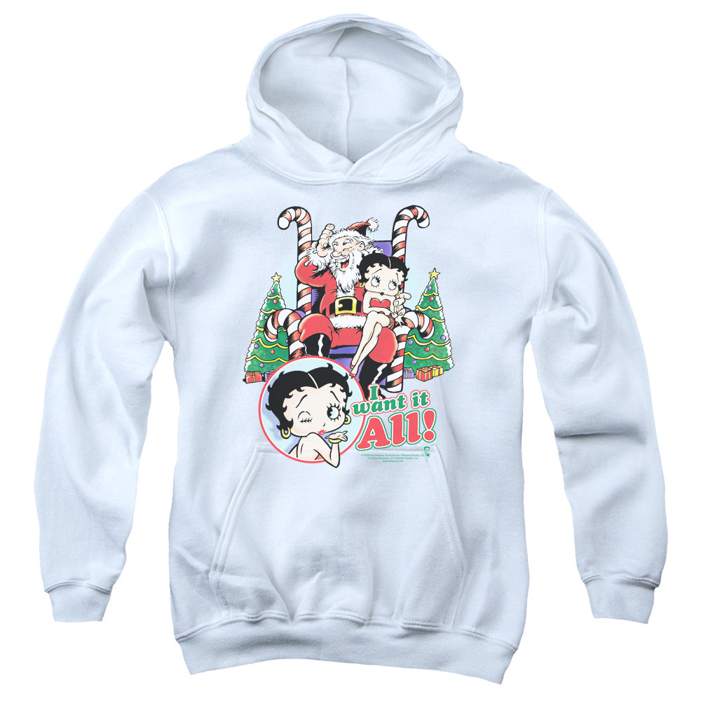 BETTY BOOP/I WANT IT ALL - YOUTH PULLOVER HOODIE - WHITE