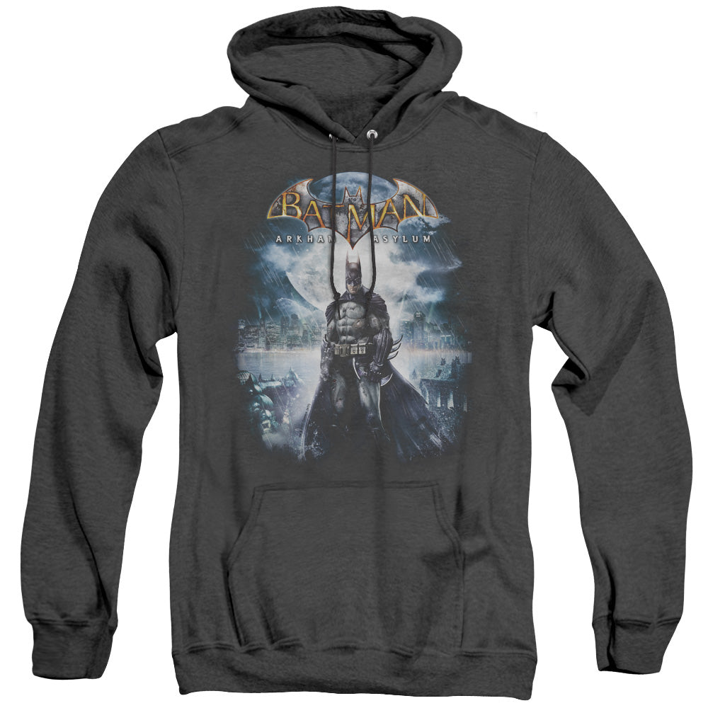 BATMAN ARKHAM ASYLUM/GAME COVER - ADULT HEATHER HOODIE - BLACK