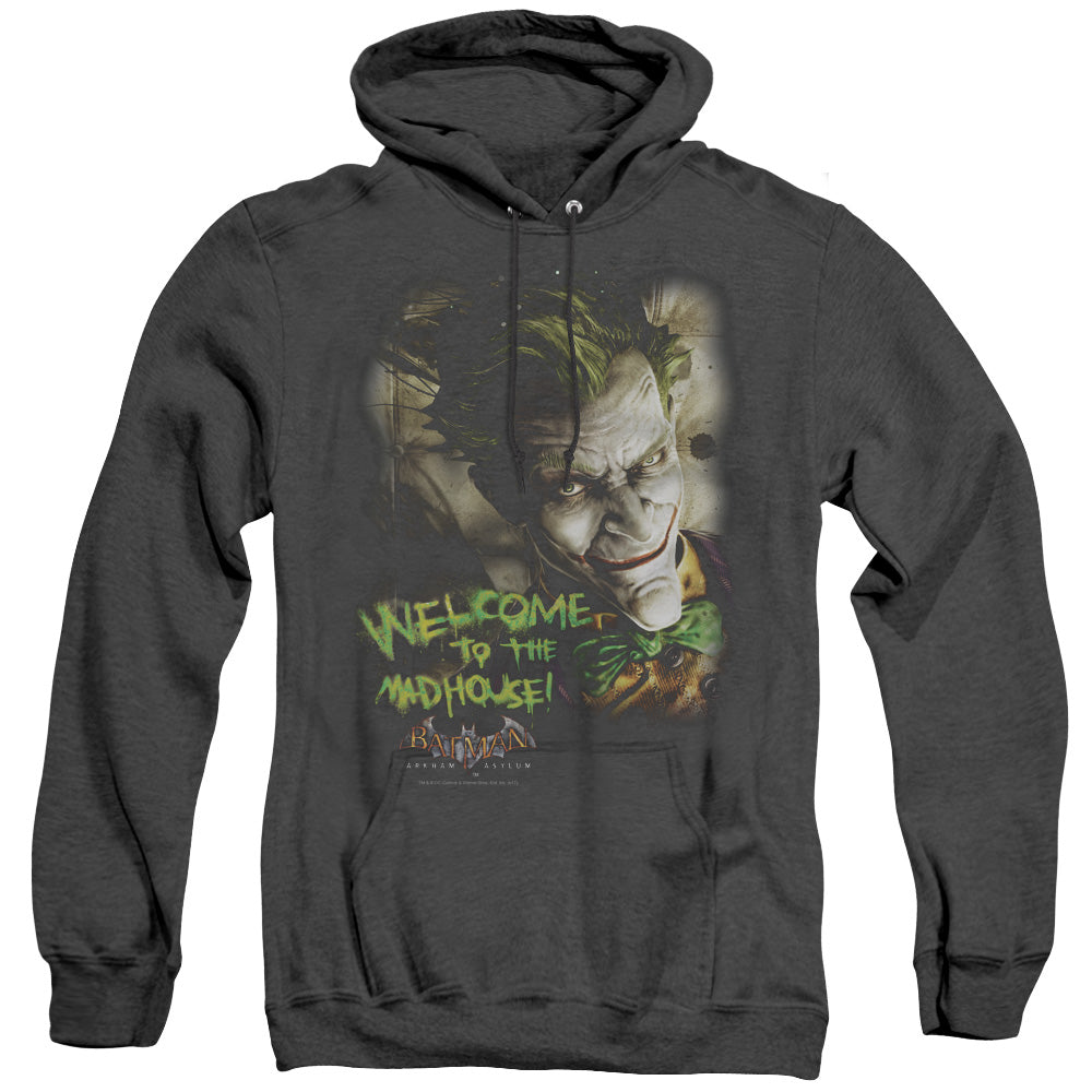 BATMAN ARKHAM ASYLUM/WELCOME TO THE MADHOUSE - ADULT HEATHER HOODIE - BLACK