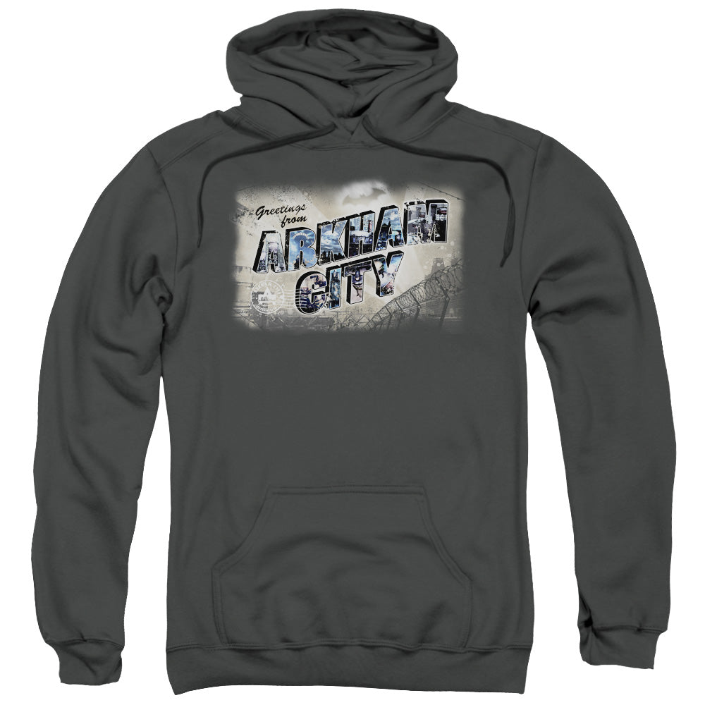BATMAN ARKHAM CITY/GREETINGS FROM ARKHAM - ADULT PULLOVER HOODIE - CHARCOAL
