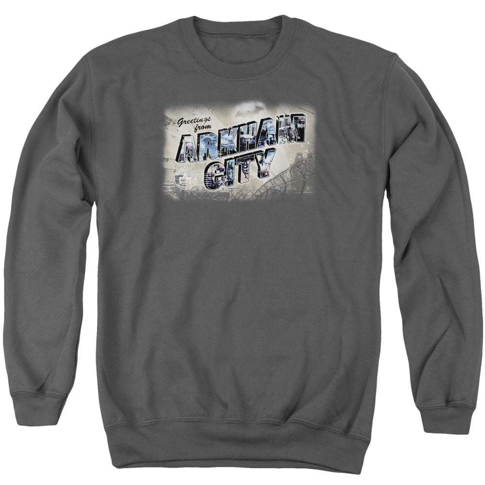 BATMAN ARKHAM CITY/GREETINGS FROM ARKHAM - ADULT CREWNECK SWEATSHIRT - CHARCOAL