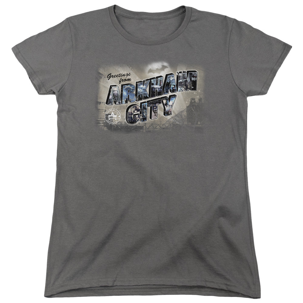 BATMAN ARKHAM CITY/GREETINGS FROM ARKHAM - S/S WOMENS TEE - CHARCOAL