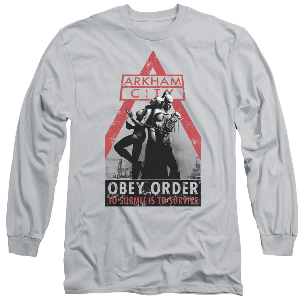 BATMAN ARKHAM CITY/OBEY ORDER - L/S ADULT 18/1 - SILVER