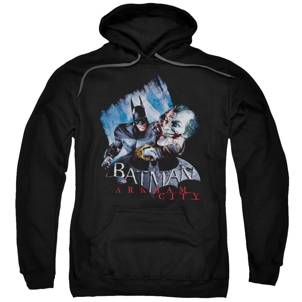 BATMAN ARKHAM CITY/JOKE&#39;S ON YOU! - ADULT PULLOVER HOODIE - BLACK