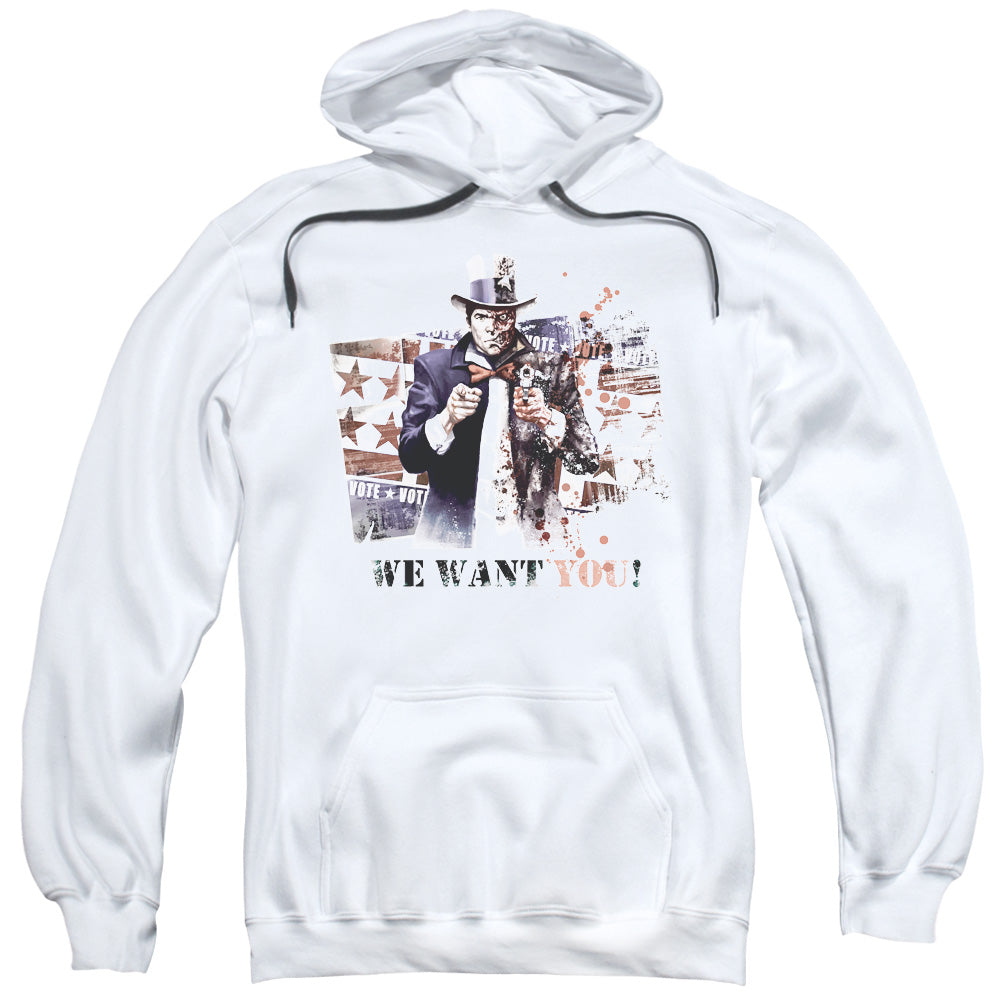 BATMAN ARKHAM CITY/WE WANT YOU - ADULT PULLOVER HOODIE - WHITE