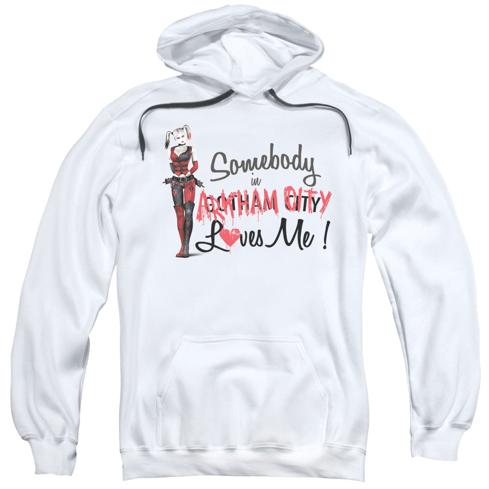 BATMAN ARKHAM CITY/SOMEBODY LOVES ME - ADULT PULLOVER HOODIE - WHITE