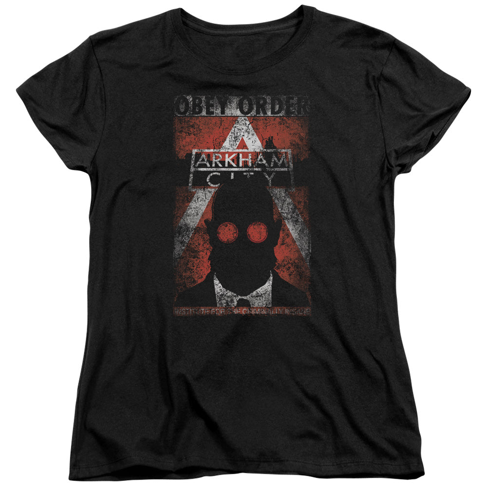 BATMAN ARKHAM CITY/OBEY ORDER POSTER - S/S WOMENS TEE - BLACK