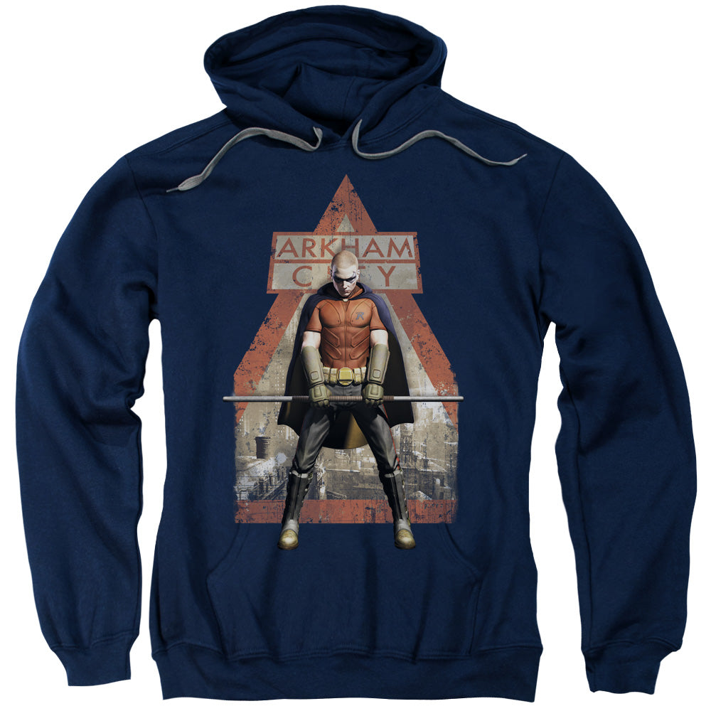 BATMAN ARKHAM CITY/ARKHAM ROBIN - ADULT PULLOVER HOODIE - NAVY