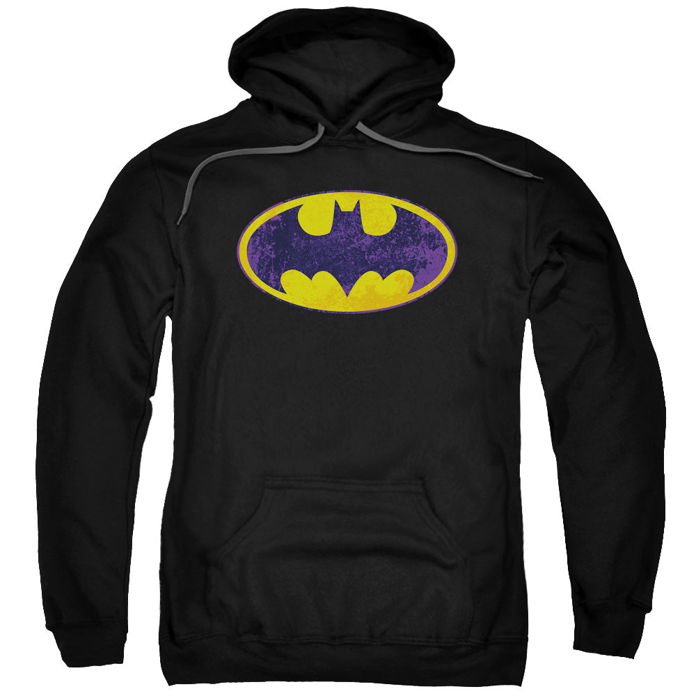 BATMAN/BM NEON DISTRESS LOGO - ADULT PULLOVER HOODIE - BLACK