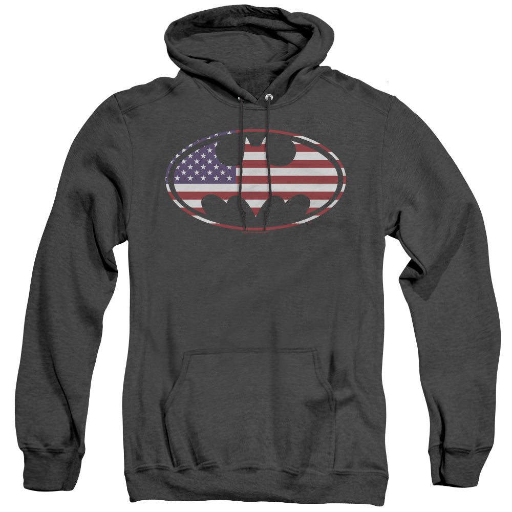BATMAN/AMERICAN FLAG OVAL - ADULT HEATHER HOODIE - BLACK