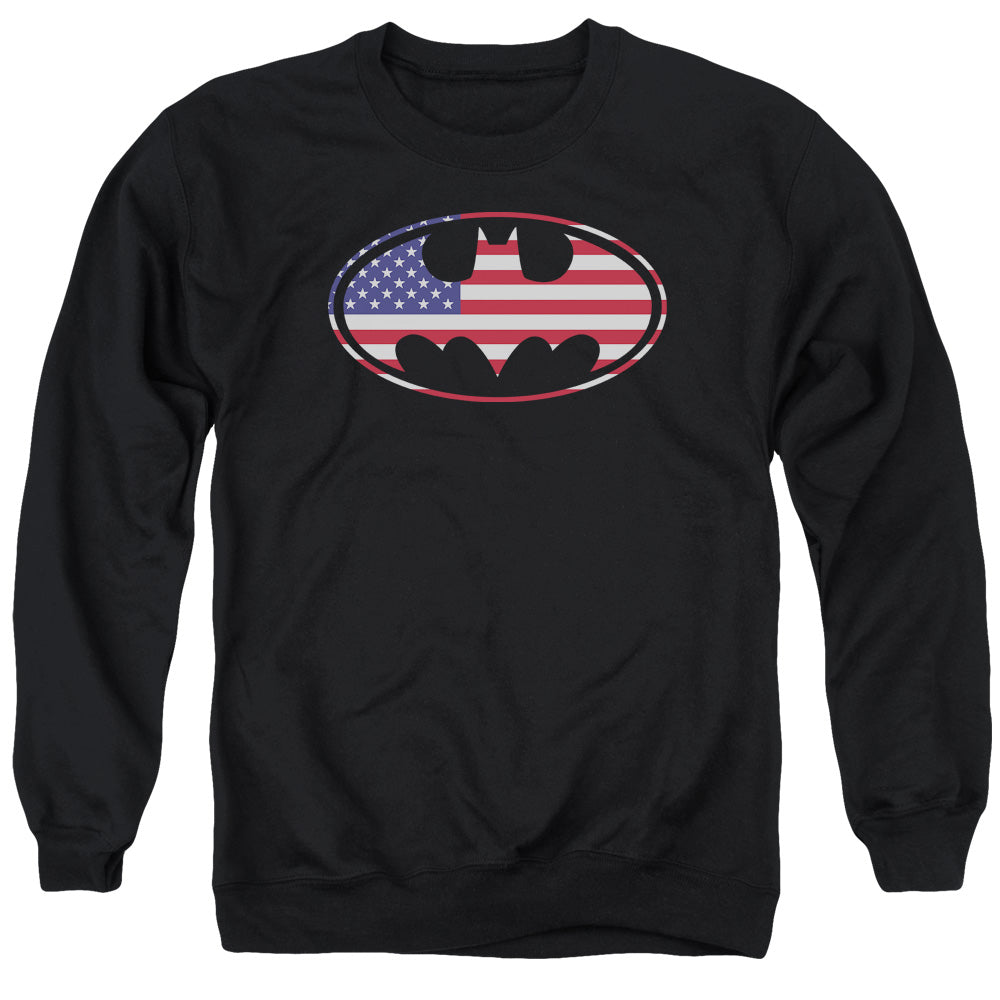 BATMAN/AMERICAN FLAG OVAL - ADULT CREWNECK SWEATSHIRT - BLACK
