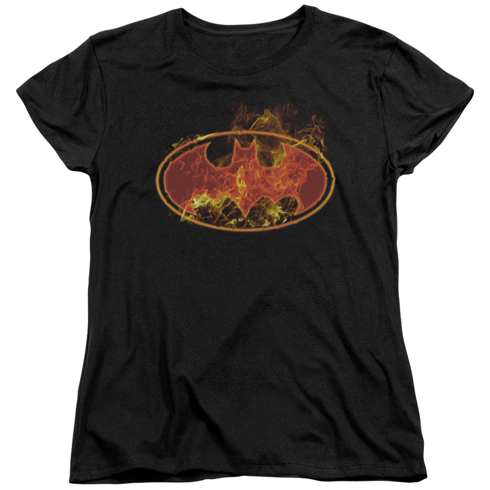 BATMAN/FLAMES LOGO - S/S WOMENS TEE - BLACK