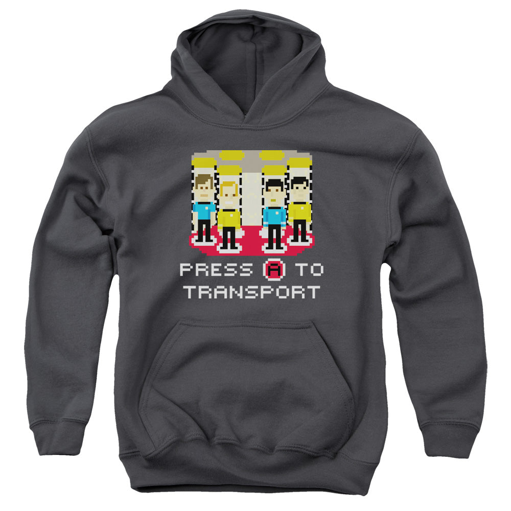 STAR TREK/PRESS A TO TRANSPORT - YOUTH PULLOVER HOODIE - CHARCOAL