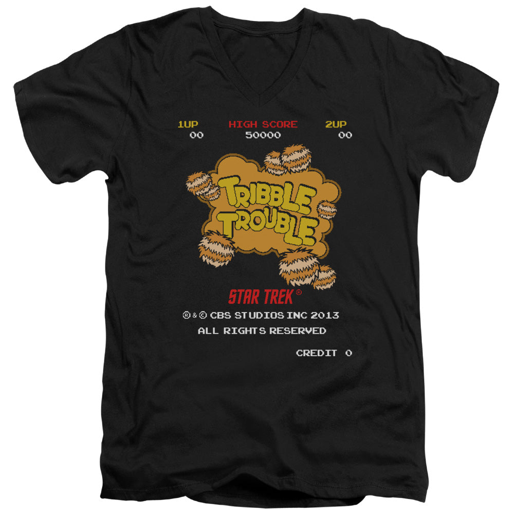 STAR TREK/TRIBBLE TROUBLE - S/S ADULT V-NECK 30/1 - BLACK