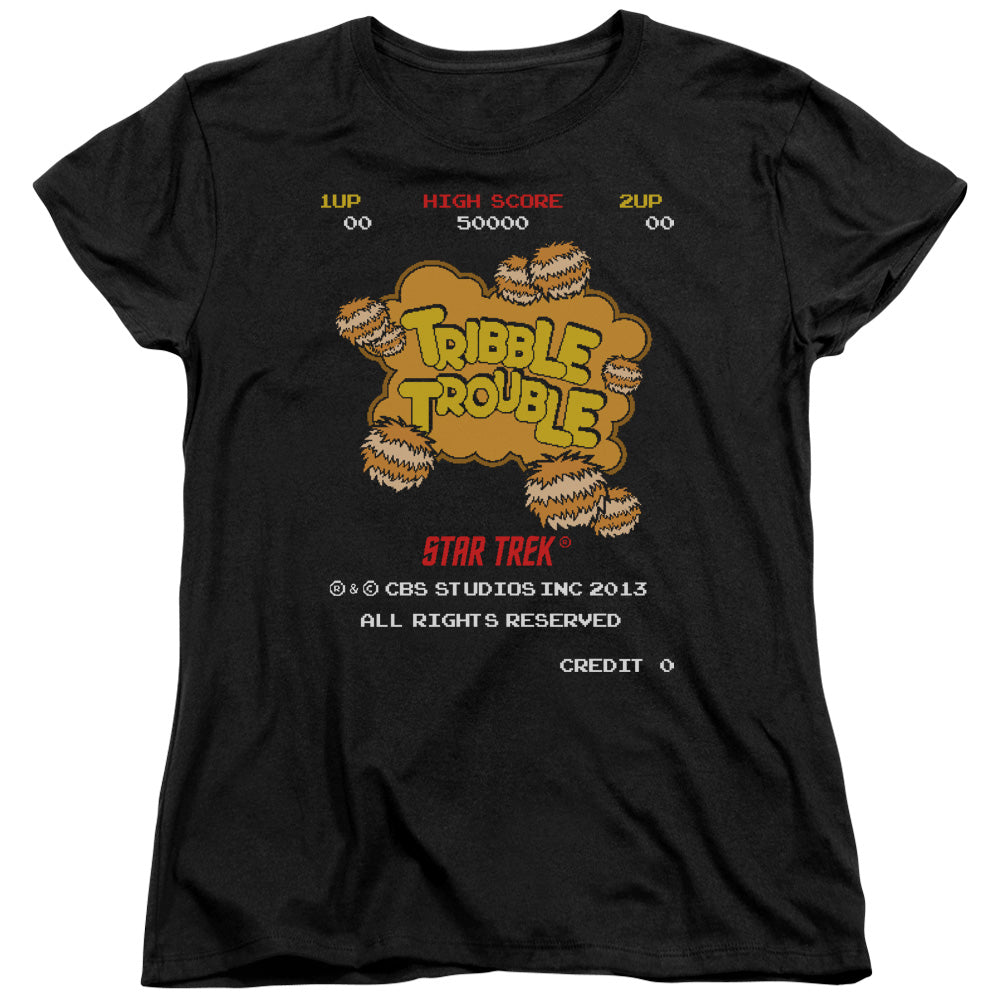 STAR TREK/TRIBBLE TROUBLE - S/S WOMENS TEE - BLACK