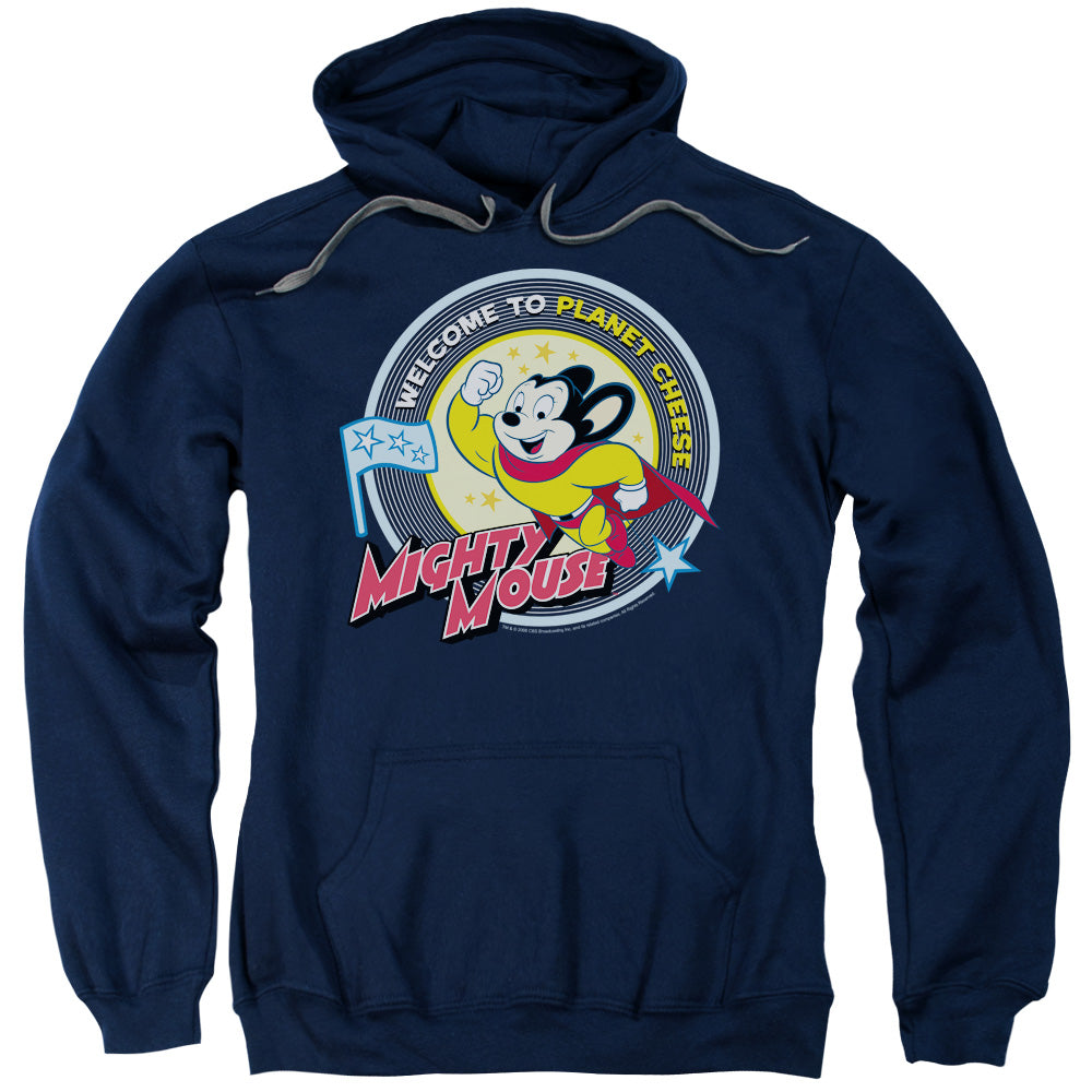 MIGHTY MOUSE/PLANET CHEESE - ADULT PULLOVER HOODIE - NAVY