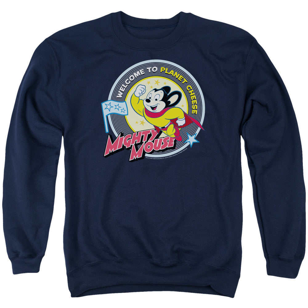 MIGHTY MOUSE/PLANET CHEESE - ADULT CREWNECK SWEATSHIRT - NAVY