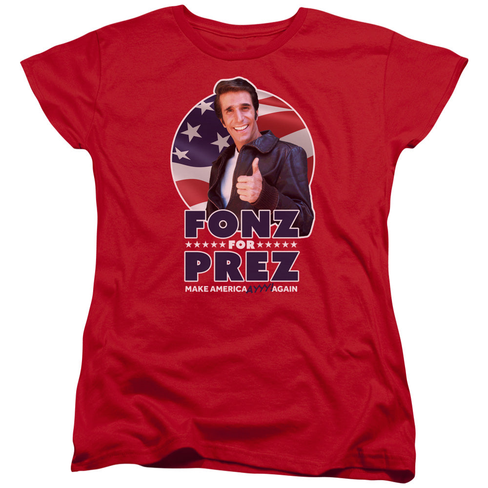 HAPPY DAYS/FONZ FOR PREZ - S/S WOMENS TEE - RED