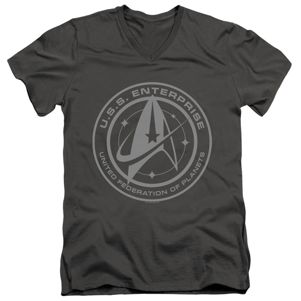 STAR TREK DISCOVERY/ENTERPRISE CREST - S/S ADULT V-NECK 30/1 - CHARCOAL