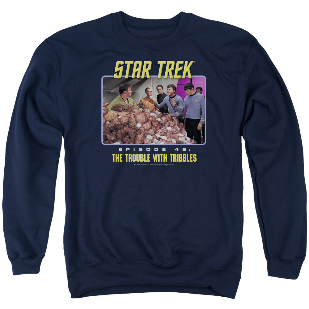 ST:ORIGINAL/THE TROUBLE WITH TRIBBLES - ADULT CREWNECK SWEATSHIRT - NAVY