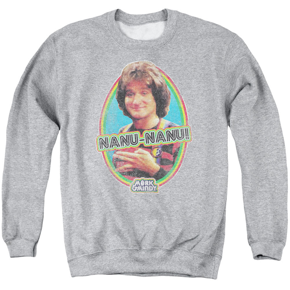 MORK &AMP; MINDY/NANU NANU - ADULT CREWNECK SWEATSHIRT - ATHLETIC HEATHER