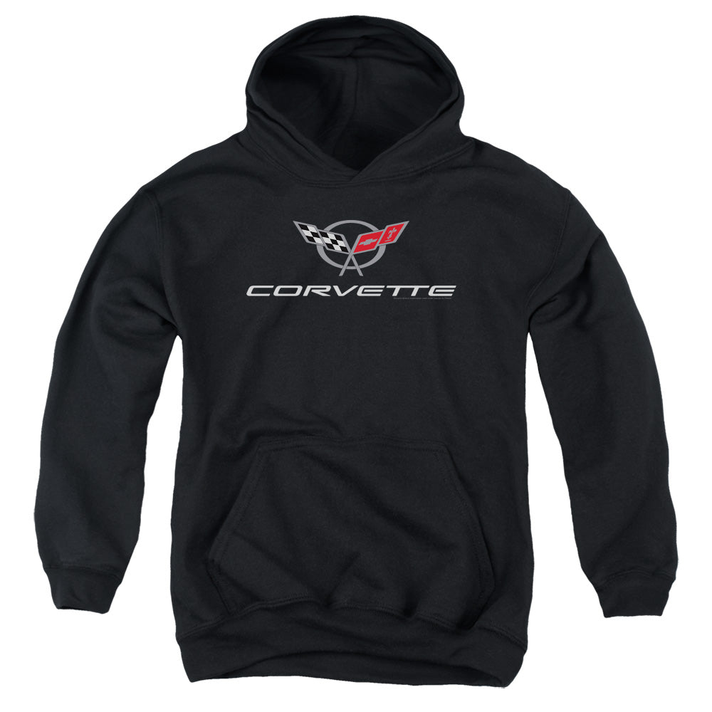 CHEVROLET/CORVETTE MODERN EMBLEM - YOUTH PULLOVER HOODIE - BLACK