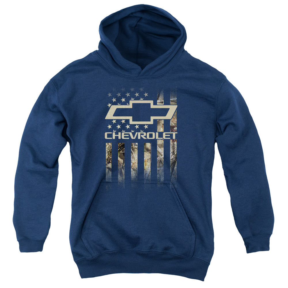 CHEVROLET/CAMO FLAG - YOUTH PULLOVER HOODIE - NAVY