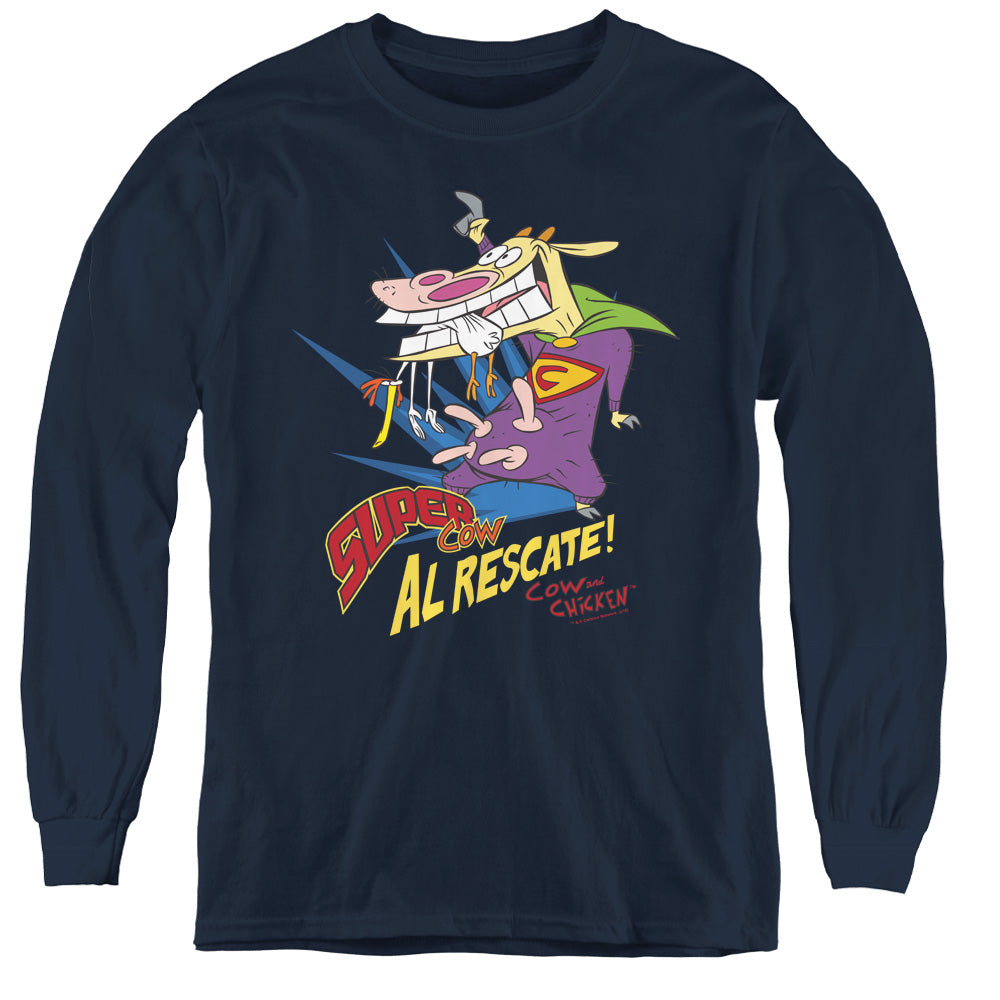 COW AND CHICKEN/SUPER COW - YOUTH LONG SLEEVE TEE - NAVY