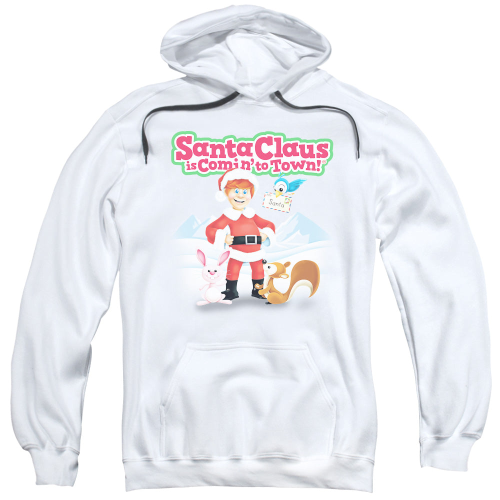SANTA CLAUS IS COMIN TO TOWN/ANIMAL FRIENDS - ADULT PULLOVER HOODIE - WHITE