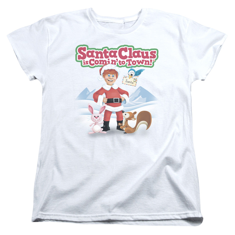 SANTA CLAUS IS COMIN TO TOWN/ANIMAL FRIENDS - S/S WOMENS TEE - WHITE