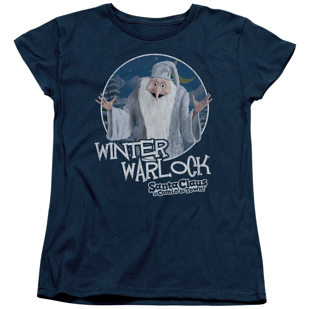 SANTA CLAUS IS COMIN TO TOWN/WINTER WARLOCK - S/S WOMENS TEE - NAVY