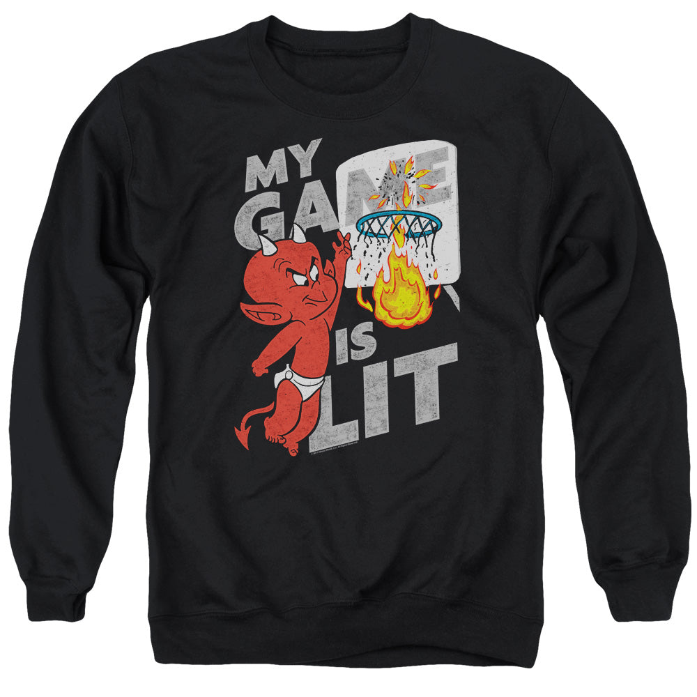 HOT STUFF/GAME IS LIT - ADULT CREWNECK SWEATSHIRT - BLACK