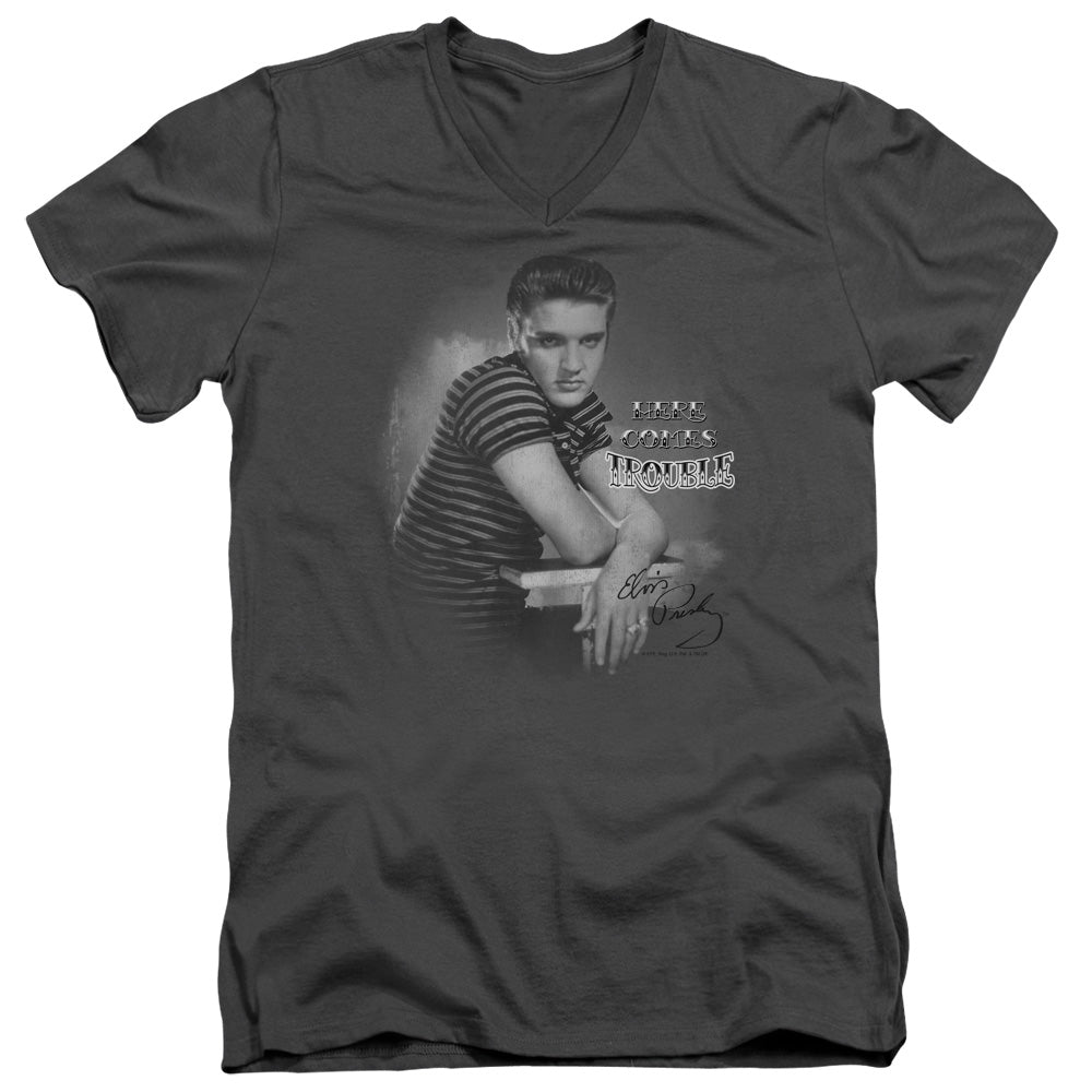 ELVIS PRESLEY/TROUBLE - S/S ADULT V-NECK 30/1 - CHARCOAL