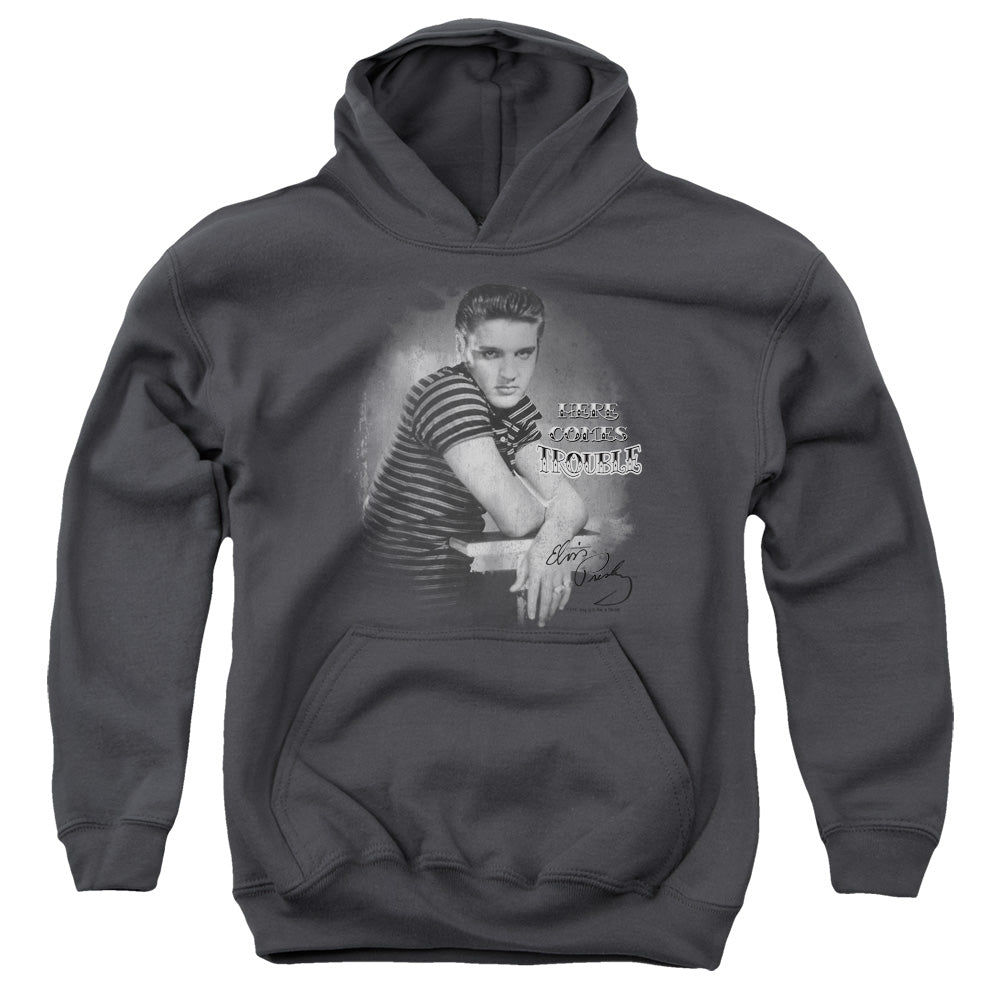 ELVIS PRESLEY/TROUBLE - YOUTH PULLOVER HOODIE - CHARCOAL