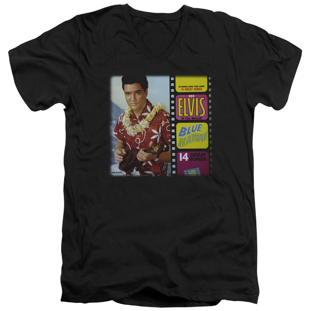 ELVIS PRESLEY/BLUE HAWAII ALBUM - S/S ADULT V-NECK 30/1 - BLACK