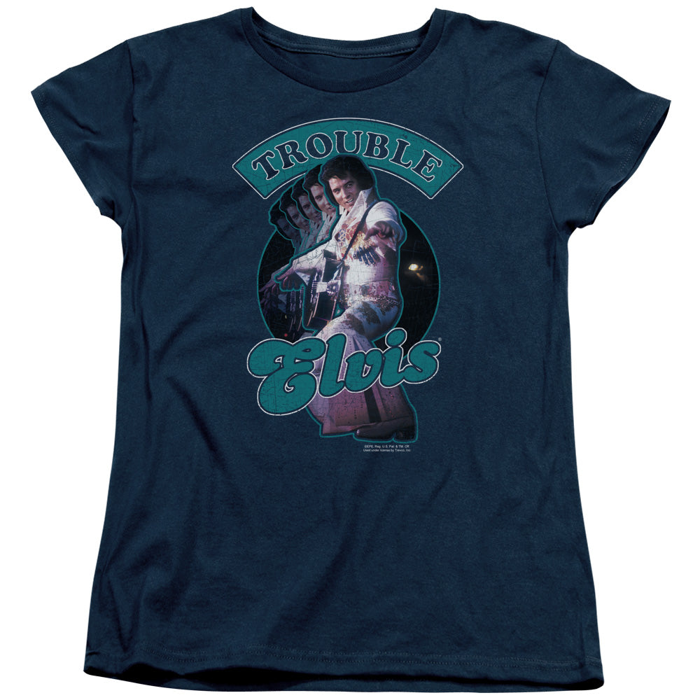 ELVIS PRESLEY/TOTAL TROUBLE - S/S WOMENS TEE - NAVY