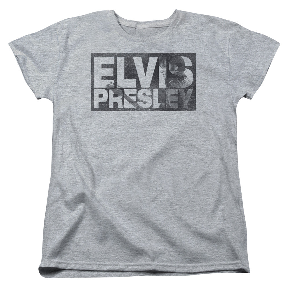 ELVIS PRESLEY/BLOCK LETTERS - S/S WOMENS TEE - ATHLETIC HEATHER