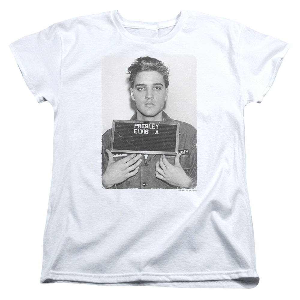 ELVIS PRESLEY/ARMY MUG SHOT - S/S WOMENS TEE - WHITE