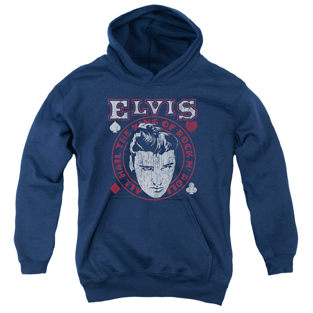 ELVIS PRESLEY/HAIL THE KING - YOUTH PULLOVER HOODIE - NAVY