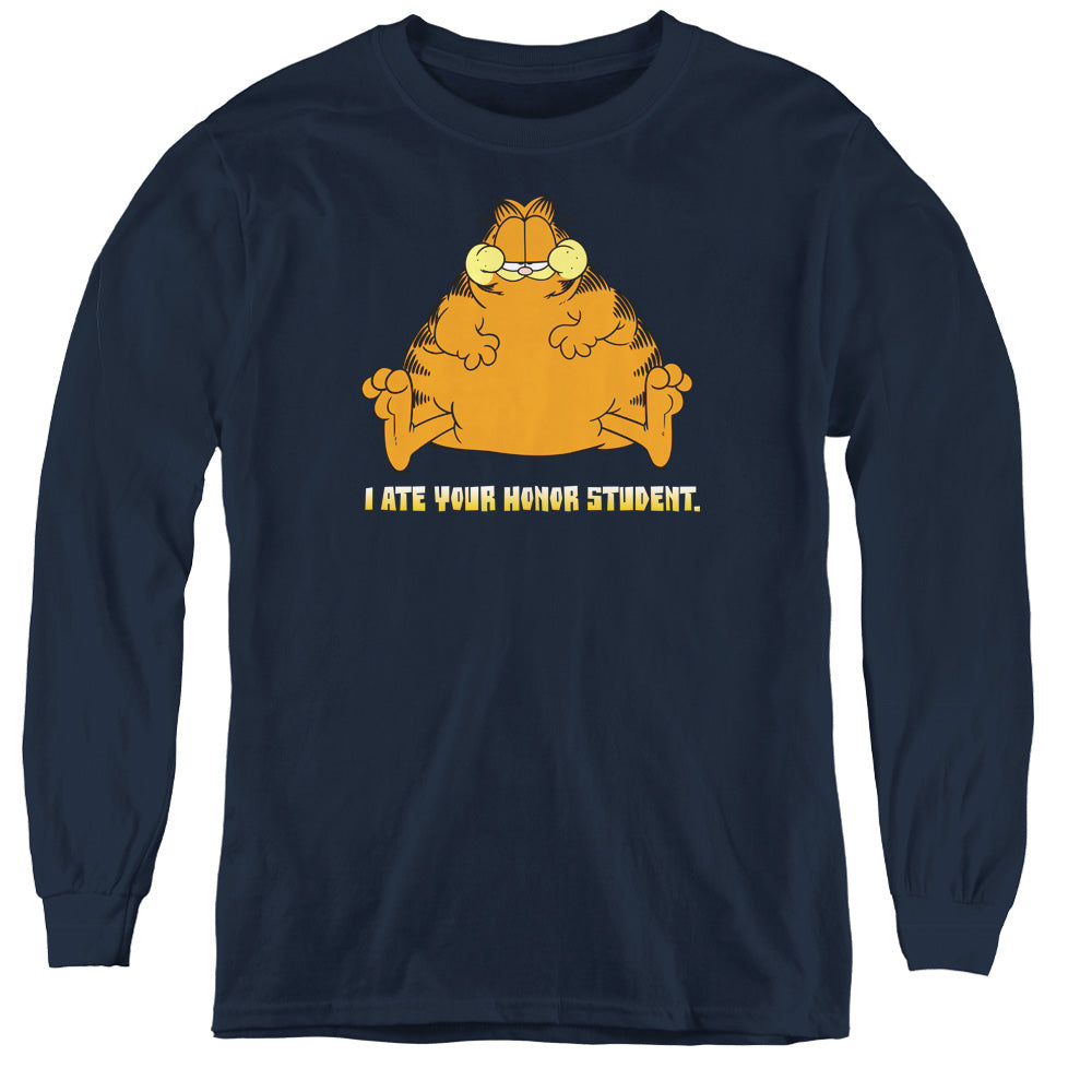 GARFIELD/I ATE YOUR HONOR STUDENT - YOUTH LONG SLEEVE TEE - NAVY