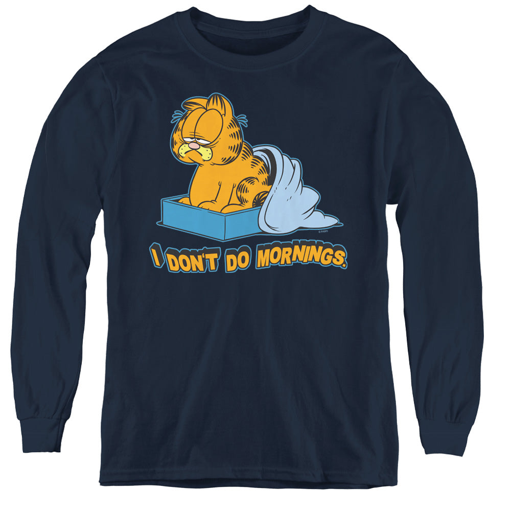 GARFIELD/I DONT DO MORNINGS - YOUTH LONG SLEEVE TEE - NAVY