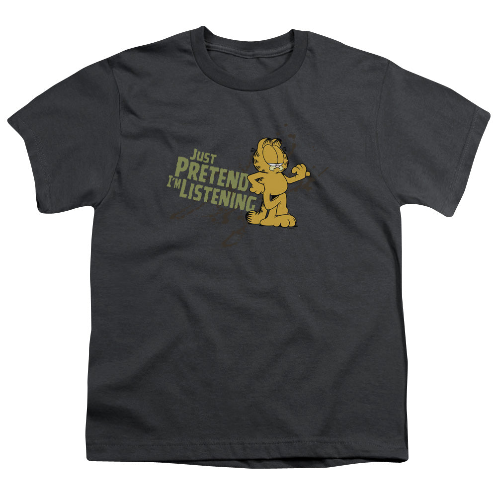 GARFIELD/JUST PRETEND IM LISTENING - S/S YOUTH 18/1 - CHARCOAL