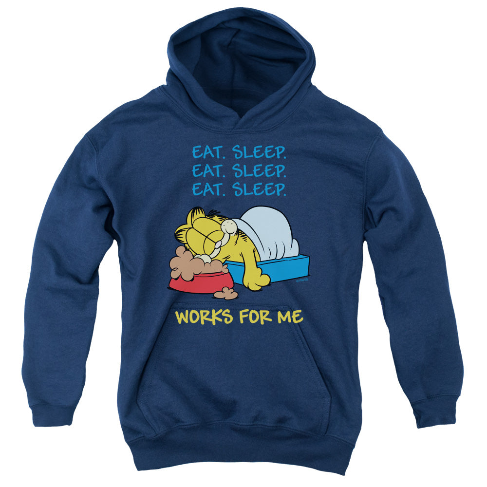 GARFIELD/WORKS FOR ME - YOUTH PULLOVER HOODIE - NAVY