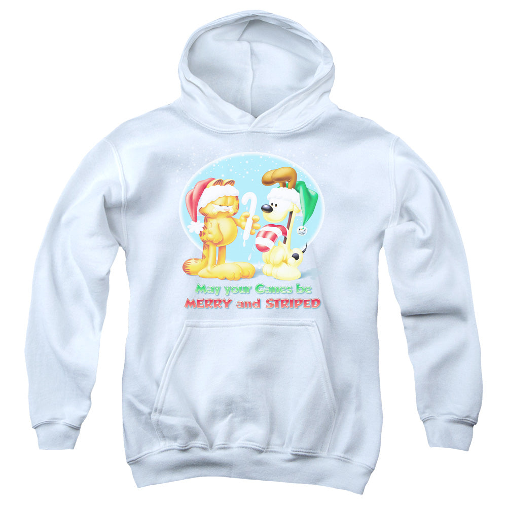 GARFIELD/MERRY AND STRIPED - YOUTH PULLOVER HOODIE - WHITE