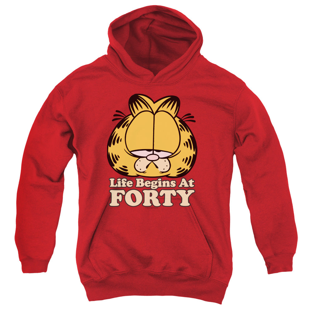 GARFIELD/LIFE BEGINS AT FORTY - YOUTH PULLOVER HOODIE - RED
