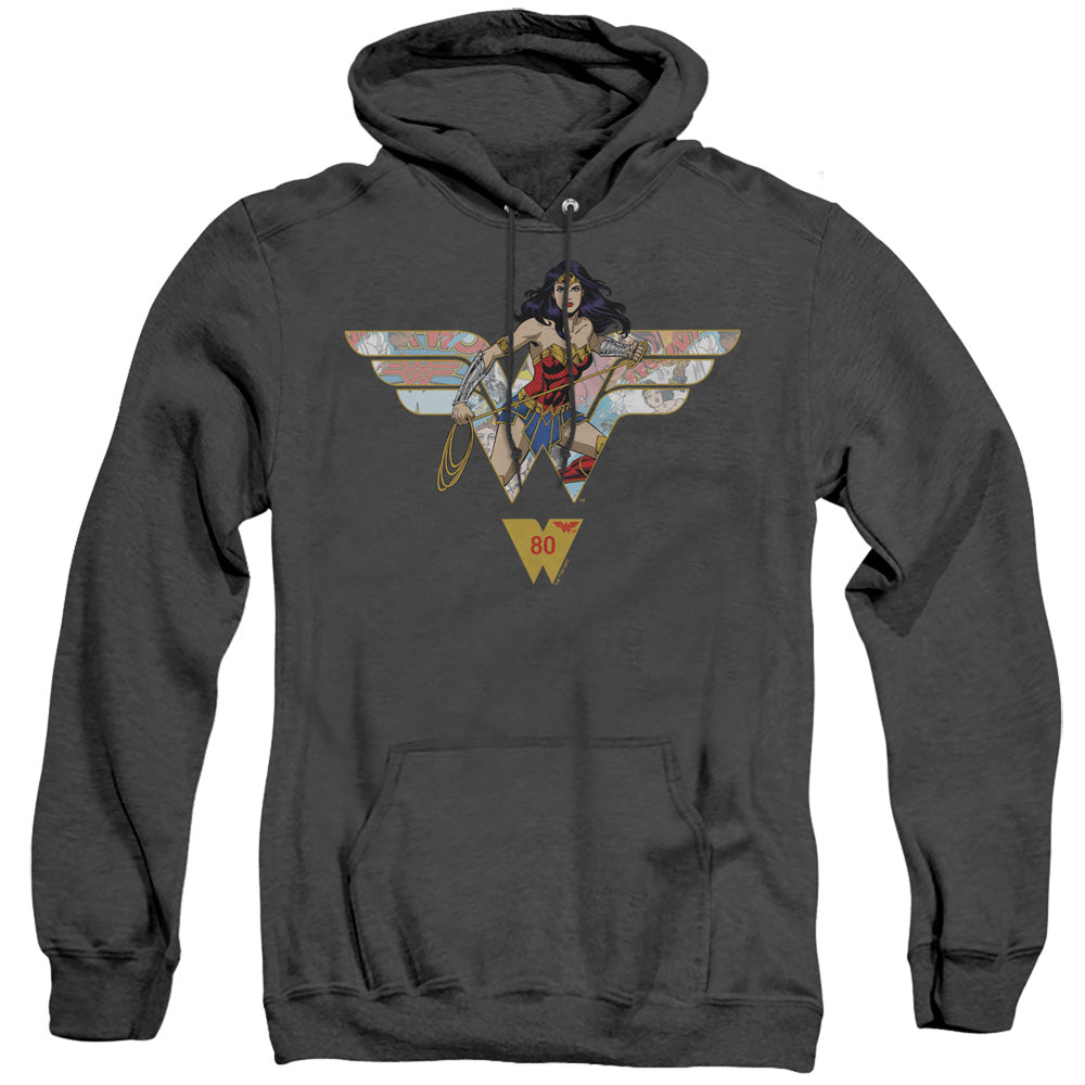 WONDER WOMAN/WW 80TH COLLAGE LOGO - ADULT HEATHER HOODIE - BLACK
